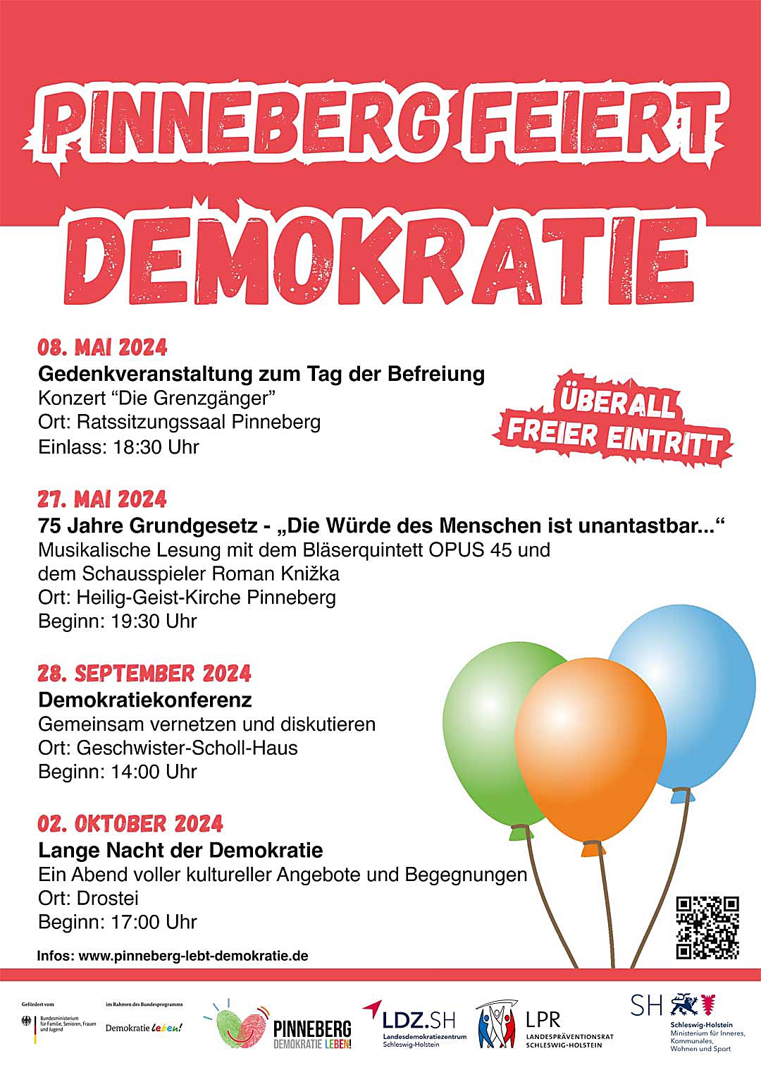 Plakat „Pinneberg feiert Demokratie” mit diversen Veranstaltungshinweisen
